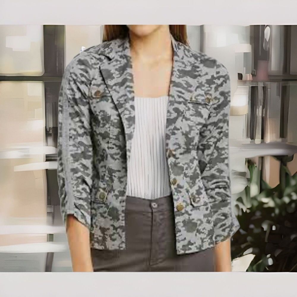 Mac and Me Women's Gray Camo‎ Folksy Breasted Army Cargo Combo Blazer Jacket  S